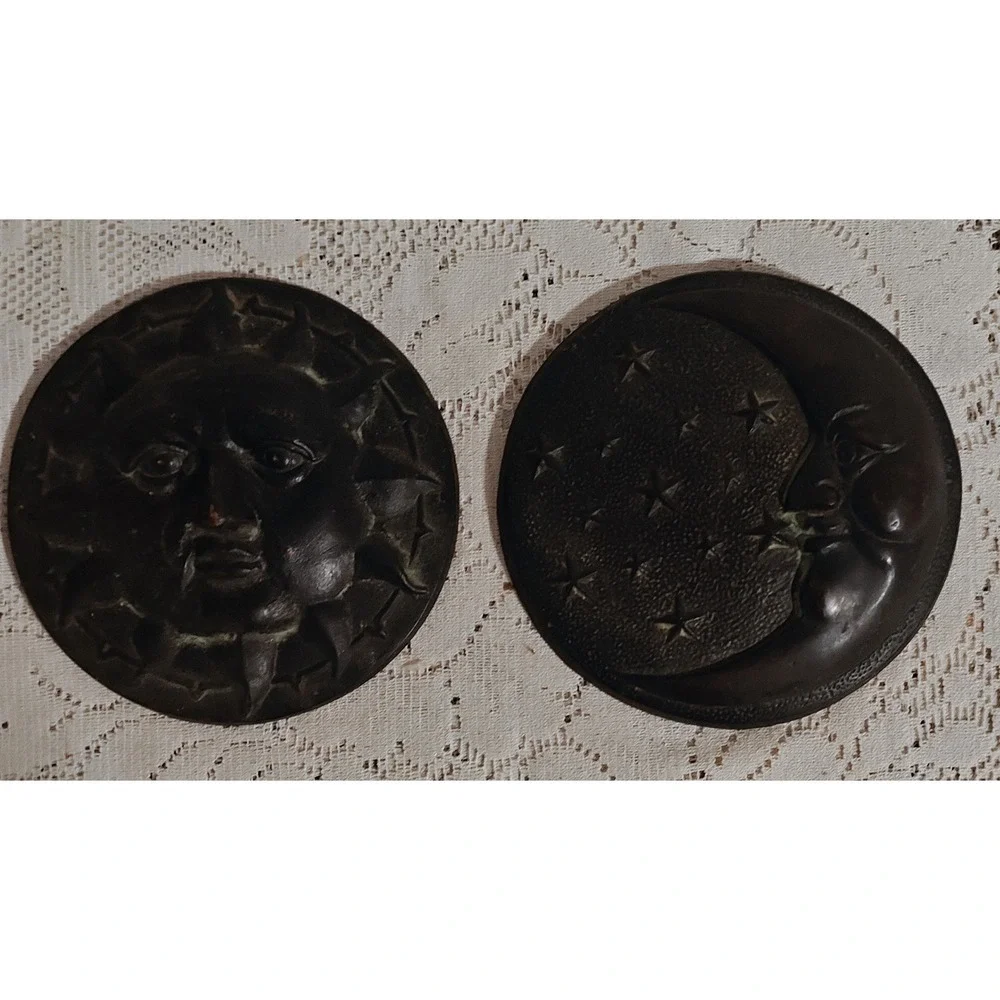 Set Of Two Vintage MCM Brass Celestial Wall Plaques Hanging Art Sun/Moon